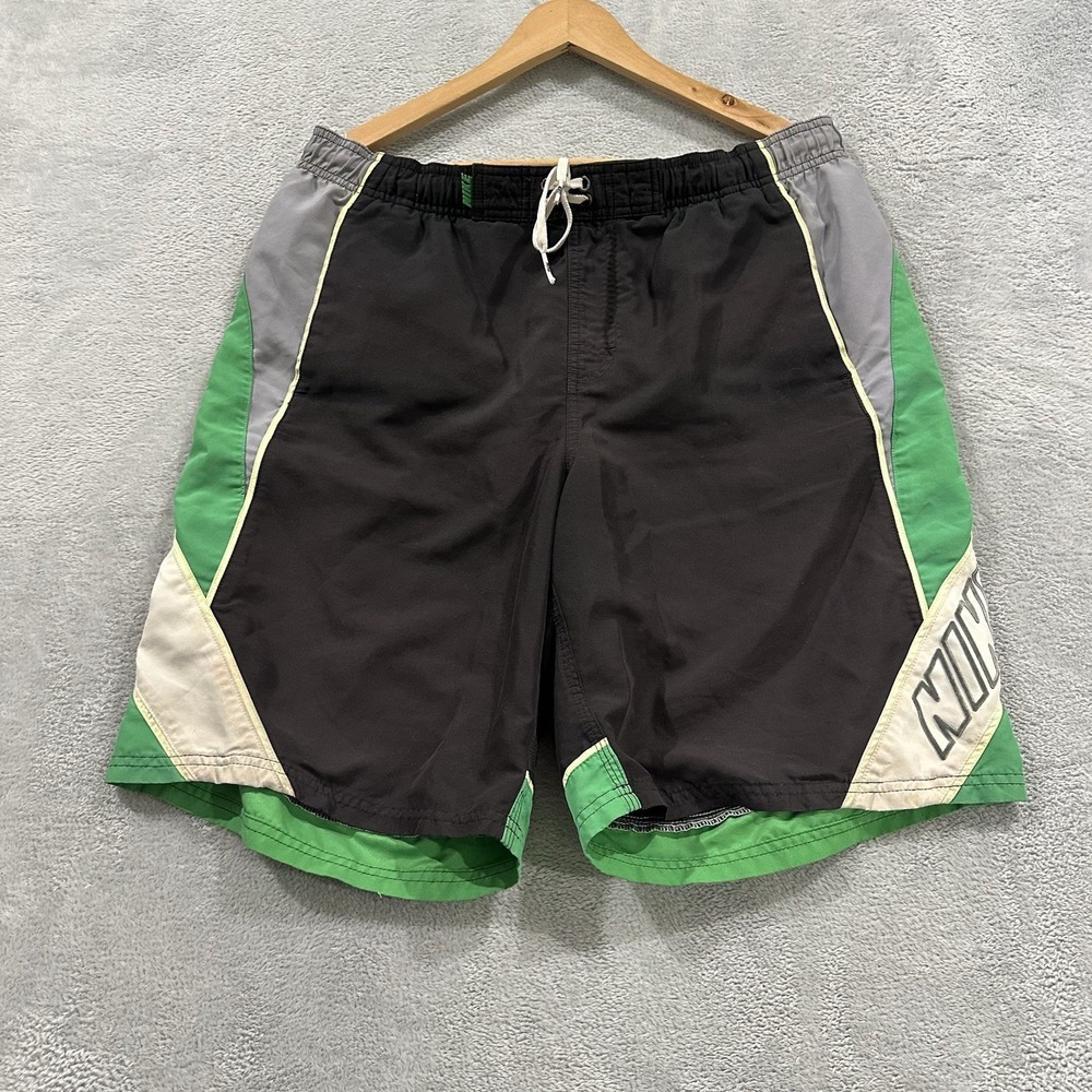 Vtg Nike Swim Shorts Men's L Black Green Elastic Waist Black Colorblock Y2K